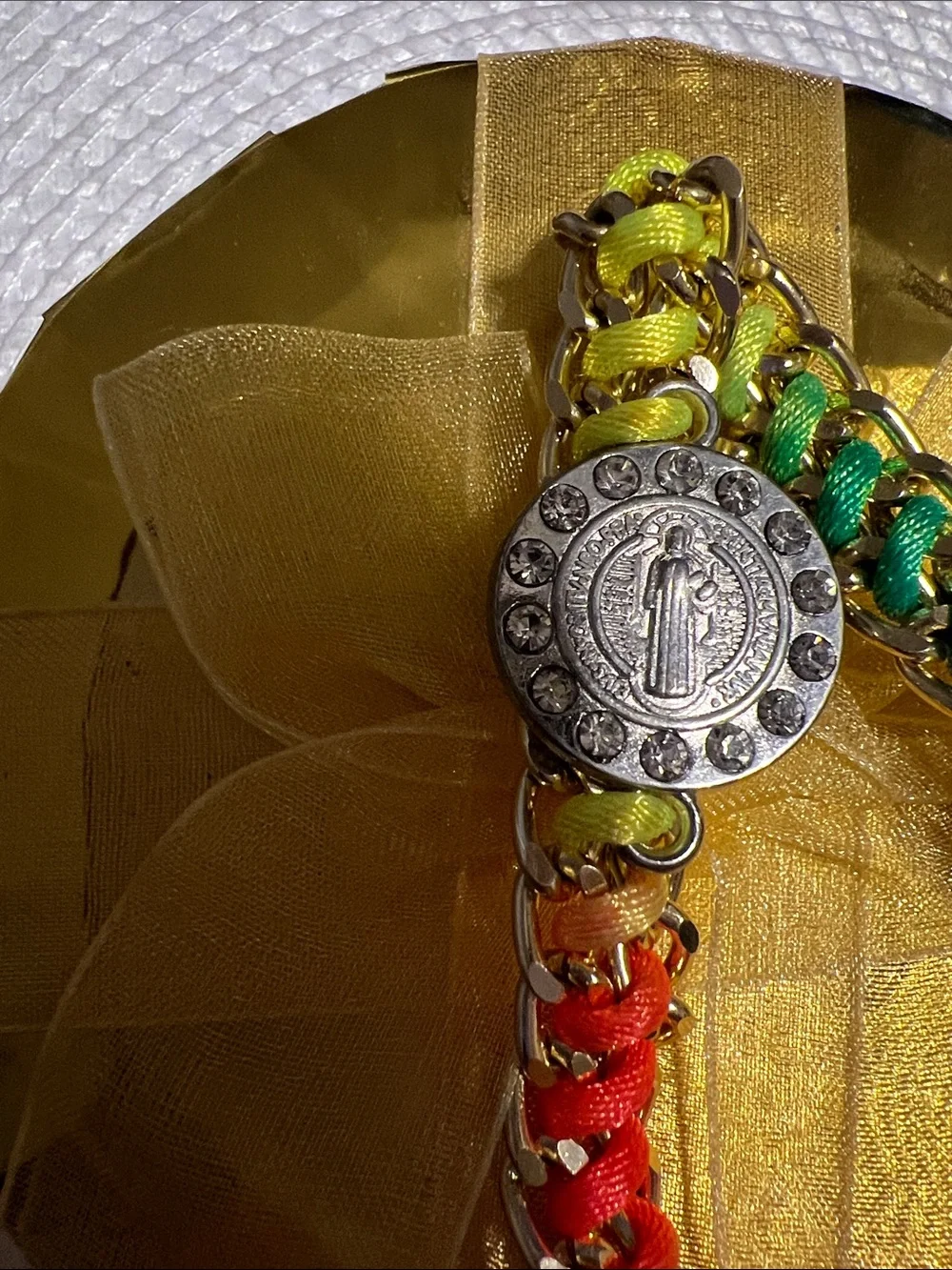 Religious Rainbow Chain Bracelet with Crystal Medallion - Gold Accent